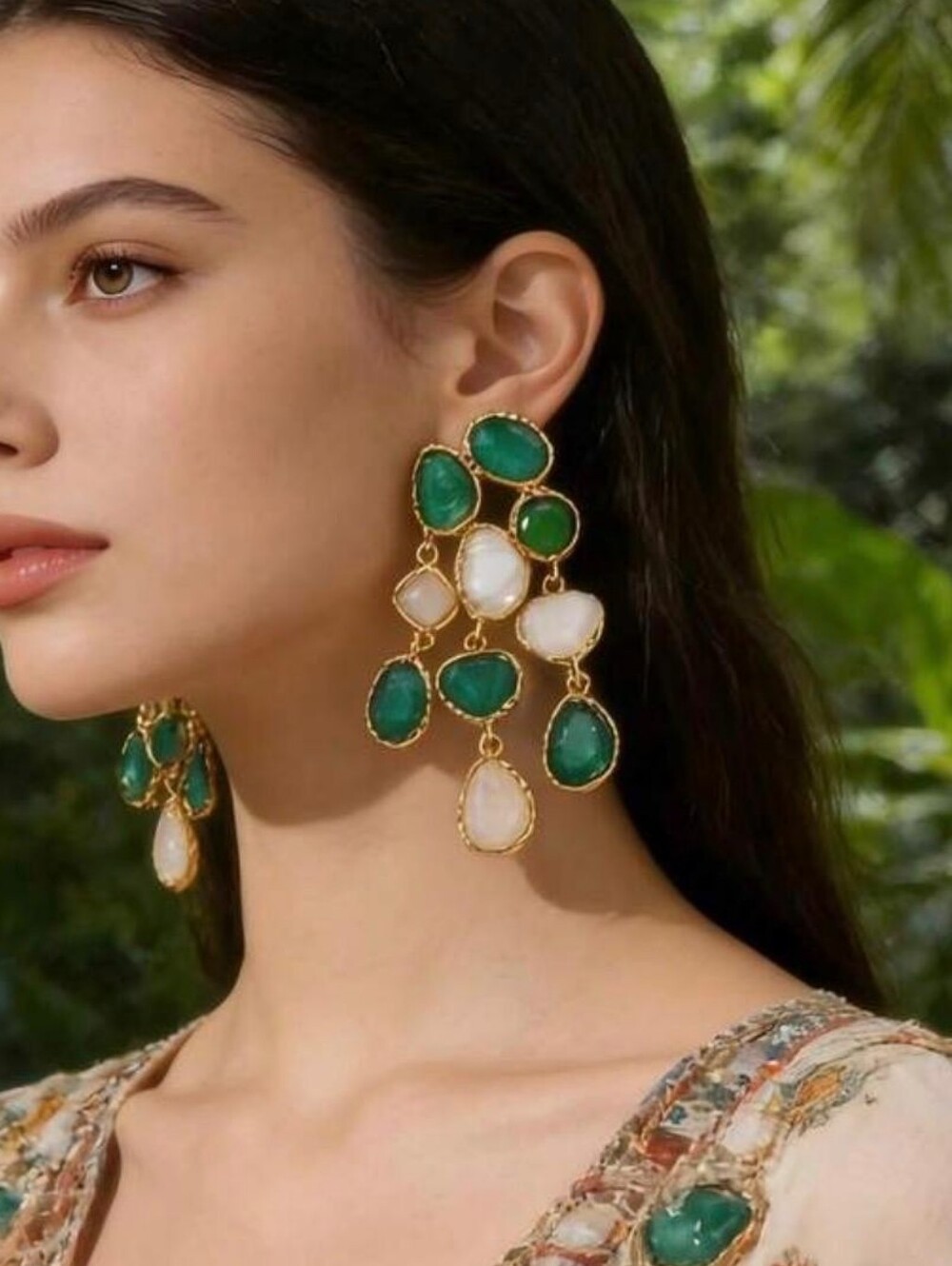 Gold Green and White Multi-Stone Chandelier Earrings